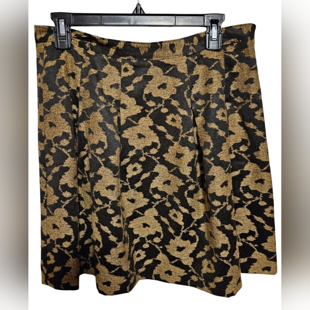 LOFT Black Tan Floral Pleated Skirt Womens Sz 8 Velvet Trim